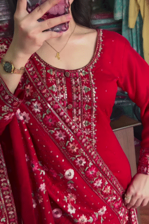 red colour heavy handwork kurta set with dupatta