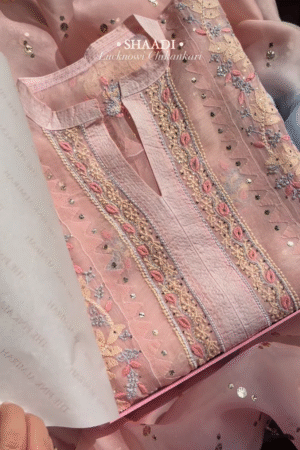 pink colour heavy chikankari suit set with koti