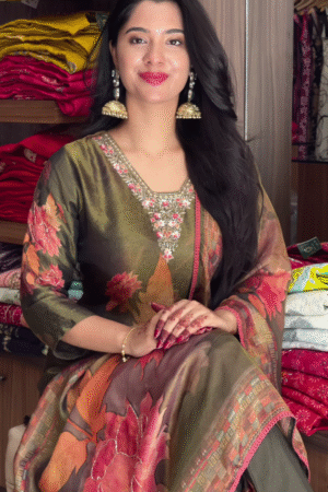Woven Design Silk Blend Straight Kurta With Palazzos & Dupatta