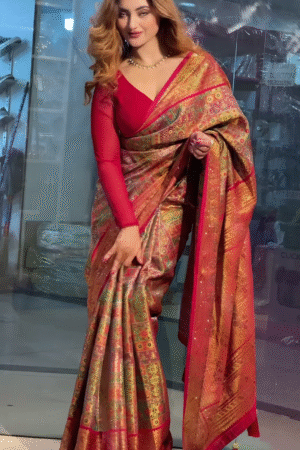 Elegant Floral Printed Zari Pashmina Saree for Timeless Indian Elegance