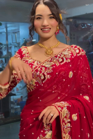 Radiant Beauty: Red Bridal Saree with Golden Embroidery
