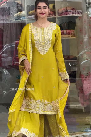 Stunning Yellow and Pista Green Embroidered Anarkali Set